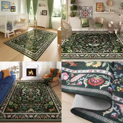 Emerald Green 5x7 Floral Area Rug - Machine Washable, Non-Slip, Low Pile for Living Room, Bedroom, D