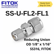 REDUCING UNION, SS316, FITOK, OD (in.) 1/8 x 1/16, 1/4x1/8, 3/8x1/8, 3/8x1/4, 1/2x1/8, 1/2x1/4, 1/2x