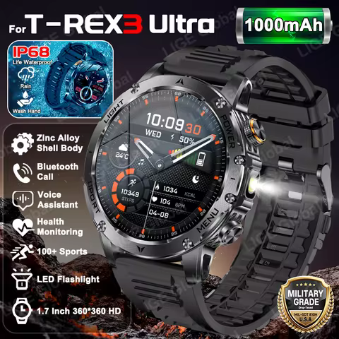 LIGE For T-Rex 3 Ultra New Military 1000mAh Battery Smart Watch IP68 Waterproof Flashlight Heart Rat