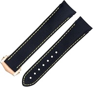 20mm Black Yellow Line High Density Nylon Cowhide Watchbands For Omega AT150 Seamaster 300 Planet Ocean De Ville Speedmaster Curved End Watch Band