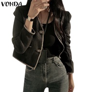 VONDA Women Korean Casual V-Neck Long Sleeve Pocket Short Blazer