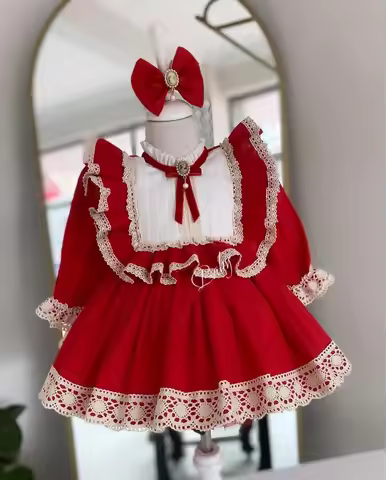 0-12Y Baby Girl Autumn Red Turkish Vintage Princess Dress for Birthday Holiday Easter Photography Ei