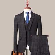 GUKENRO 3PCS Suit Set For Men Plaid Pattern Korean Business Office Formal Evening Dinner Classical C