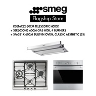 SMEG Bundle 60cm Gas Hob (SS), 4 Gas + 60cm Analog Oven + Optional Wall Mounted Or Non Wall Mounted Hood