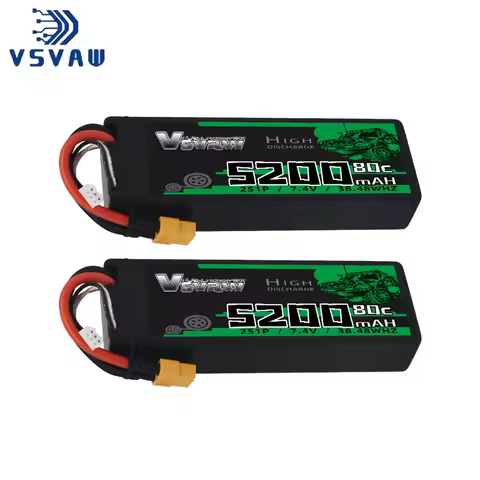 2Pcs VSVAW 2S Lipo Battery 7.4V 80C 5200mAh Hardcase T Plug for 1/8 1/10 RC Car Truck Tank RC Buggy 