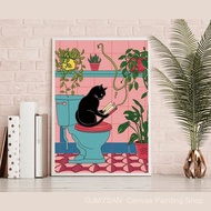 BG2I Funny Black Cat on the Toilet Art Print Pink Bathroom Posters Cat Reading a News Paper Tropical