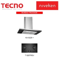 (Hood + Hob) TECNO KA 9228 Chimney Cooker Hood with Decorative LED Lights + Tecno T 928TRSV 2-Burner 90cm Tempered Glass Cooker Hob