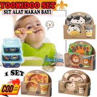 QCF Yookidoo Bamboo Tableware Set 5in1 Set Tempat Makan Anak Bayi Balita Piring Mangkuk Gelas Garpu