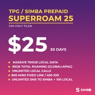 TPG / Simba Prepaid $25 Plan: 700GB Local, 95GB Roaming, Unlimited Calls (30 Days)