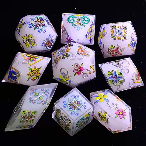 9 Polyhedral Resin Dice Set DD Flower Sigil Oracle