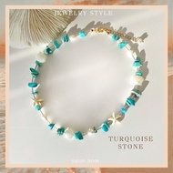 🐚🏖️🫧[ Stone Collection ]สร้อยหิน Turquoise Stone ไข่มุก แท้ 🪸🫧อะไหล่ชุบทองคำขาว 18k ใส่ลงเล่นน้ำได้ สร้อยหิน สร้อยไปทะเล
