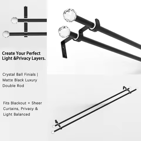 Crystal Ball Top Decoration | Black Luxury Double Rod Metal Curtain Rod Set, Wall-Mounted, Sturdy an