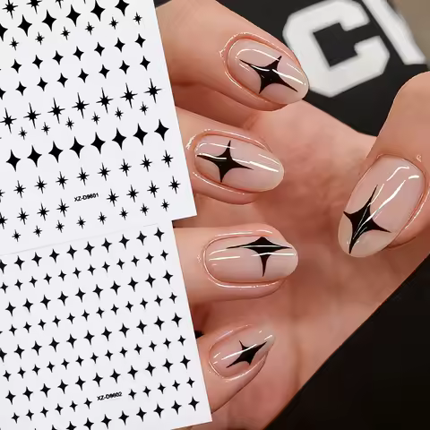 6Pcs 3D Black Star Nail Stickers Y2K Cross Starlight Star & Alphabet Nail Art Decals 8*10cm Self-Adh