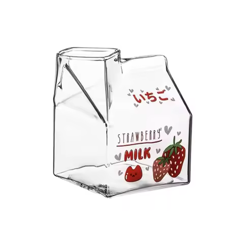 380ml Kawaii Square Milk Carton Glass Cup Heat Resistant Cute Strawberry Peach Breakfast Cup Pudding