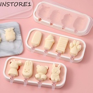 INSTORE1 Ice Cream Mold, Removable Lid Cartoon Popsicle Molds, Dessert Mould 4 Grid DIY Food Grade Silicone Popsicle Mold Fruit