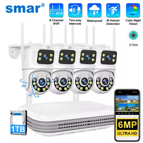 Smar WiFi Security Camera System 6MP Dual Lens Wireless IP Camera Kit With Two-Way Audio 8CH NVR