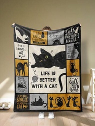1入組-貓咪圖案法蘭絨毛毯，現代風格聚酯纖維長方形毛毯，適合多種場景使用