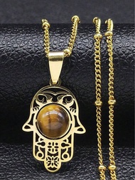 ศาสนาอิสลามเวลาHamsaมือTiger's Eye Stoneสร้อยคอสแตนเลสผู้หญิง/ผู้ชายตุรกีEvil Eyesสร้อยคอ