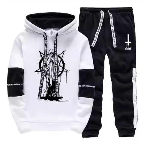 Fall/winter Popular Men's Tracksuit Hoodies Sweatpants 2 Piece Set Satan Pattern Print Sweatshirts I