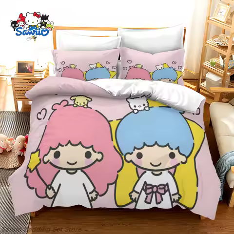 Cute Sanrio Little Twin Stars Duvet Cover Kawaii Anime Little Twin Stars Bedding Set for Kids Birthd