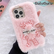 สำหรับ OPPO Reno6 Reno5 Reno4 Reno3 Pro SE Furry Bear Caseน่ารักหมีของเล่น + มุกหรูหรา Girly กรณีกลับแฟชั่น Faux Fur Plush Fluffy ป้องกันยืดหยุ่น Shellตุ๊กตาการ์ตูน