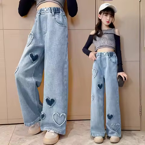 autumn teen girls Love patch wide leg jeans junior kids Straight pants 4 6 8 10 12 14 child trousers