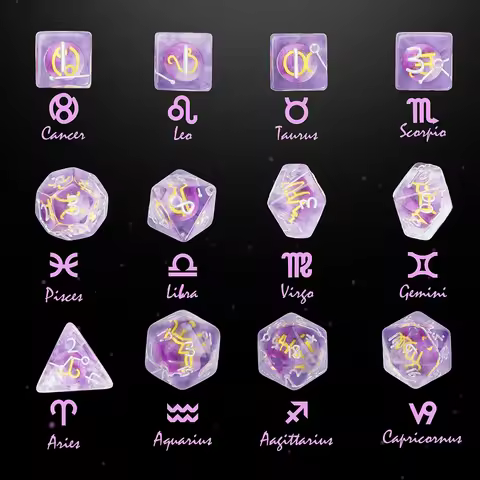 Cusdie 12Pcs Star Sign DND Dices Resin Astrology Dice 12 Constellations D4-D20 Polyhedral Dice Set f