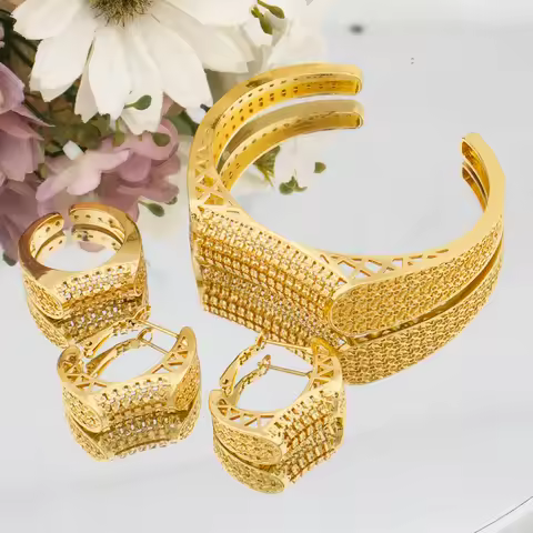 Bangle Italy France Women Bracelet Ring Copper Earrings Luxury Dubai Gold Plated Adjustable Ring Exq