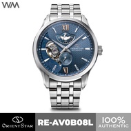 Orient Star Contemporary Layered Skeleton Blue Fabric Herringbone Pattern Dial Stainless Steel Automatic Watch with Power Reserve RE-AV0B08L RE-AV0B08L00B