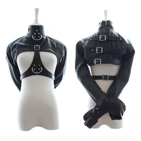 Female BDSM Bondage Breast Exposed PU Leather Straitjacket Restraint Body Harness Jacket Long Sleeve