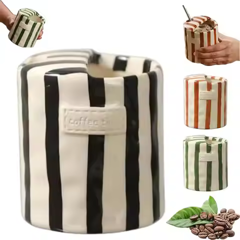 Retro Striped Coffee Cups, 10oz Ceramic Coffee Mug with Sip hole Ceramic Cup,Hand-Painted Striped Tr