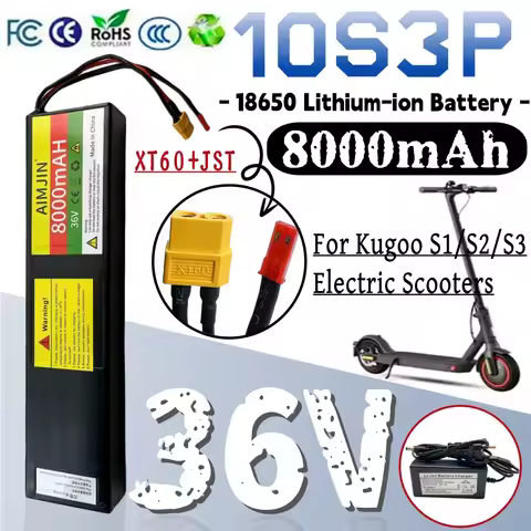 10S3P Lithium-Ion Battery Pack 36V 8000mAh Rechargeable Battery XT60+JST interface For KUGOO S1 S2 S
