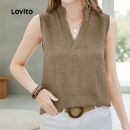 Lovito Casual Blouse Pleated Button Spring/Summer Khaki untuk Wanita L154ED445