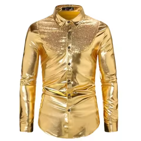 Mens Dress Shirts 70s Nightclub Party Stage Singer Costume Homme 2025 Shiny Gold Sequin Shirt Men Sl