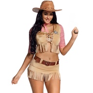 Western Pioneer Cowgirl Halloween Cosplay - Lace-Up Fringe Bustier & Mini Skirt