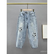 J1065🌞Embroidered Hollow Oversized Jeans Women 2025 New High Waist Jeans Beaded Sequins Jeans