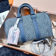 LV Keepall25牛仔限定款 丹寧藍色牛仔 約25 x 15 x 11