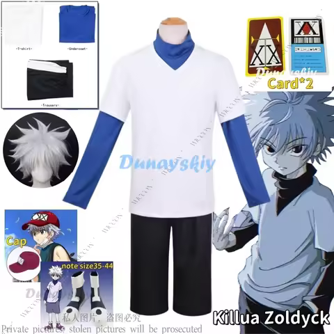 Killua Zoldyck Cosplay Costume T shirt Full Set Wig Halloween Woman Man Shoes Card Cap Daily Outfit 