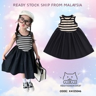 Gaun Budak Perempuan Tanpa Lengan Berjalur Hitam & Putih 2-8Tahun(Girls Kids White&Black Striped Sle