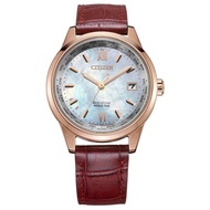 CITIZEN FC8009-18Y ECO-DRIVE Solar Powered World Time Date Perpetual Calendar Analog Mother of Pearl Dial Rose Gold Stainless Steel Case Calf Leather Strap WATER RESISTANCE CLASSIC LADIES WATCH