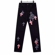 Chrome Hearts Classic Flame Pink Cross Patchwork Straight Leather Men Jeans