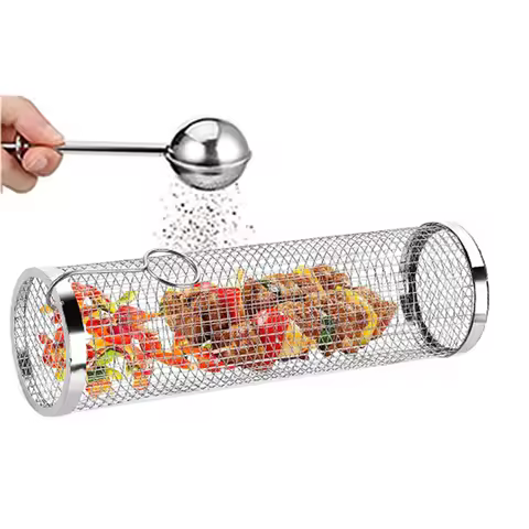 2/5Pcs Portable Grill Basket Stainless Steel Cylinders-Net Tube Barbecue Cage Multifunction for Vege