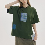 格紋數碼印花 寬松圓領T恤 綠色純棉短袖TEE