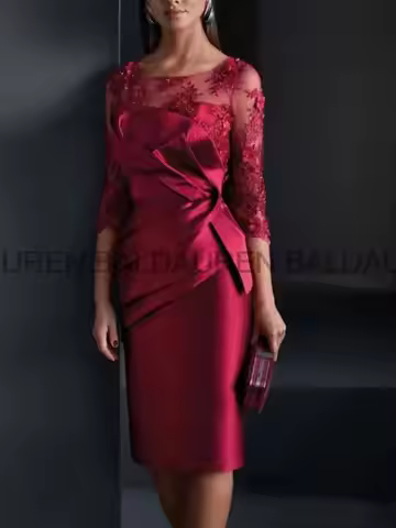 Mother of the Bride Dress Shealth Scoop Satin Flowers 3/4 Sleeve With Appliques Short Groom Mother O