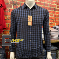 Watchout JS302960126 Pakaian Pria Kemeja Lengan Panjang Katun Flanel Kotak-kotak Regular Fit Navy