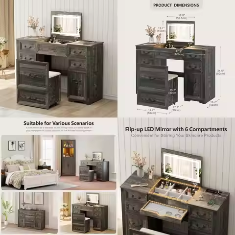 rustic farmhouse vanity desk with flip mirror, lighting, and hidden storage