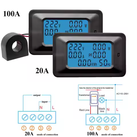 Multi-Function Power Monitor 20A 100A Digital AC 110~220V Voltage Current Power Monitor Power Factor