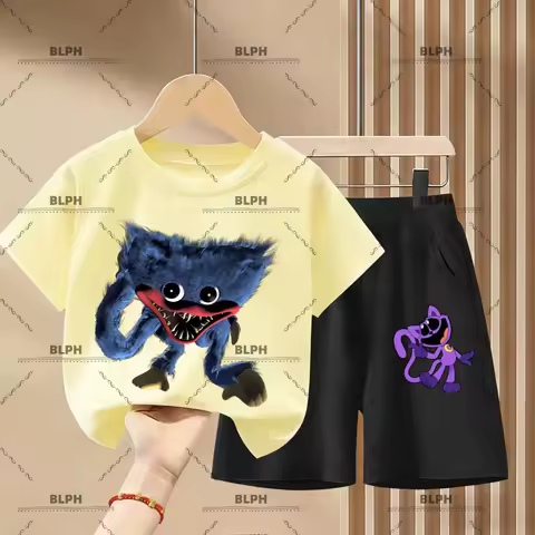 2026 New Poppy Playtime Huggy Wuggy Cotton Kids Summer T-shirt Shorts Set Cartoon Printed Casual Out