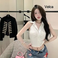 From Bangkok Crop Top Women's Sexy Tight-Fitting Shirt Pleated Design Velca Polo Shirt Women Polo T 