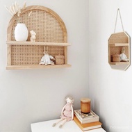 Handmade Rattan Fan-Shaped Wooden Wall Shelf Wall Hanging Bed &amp; Breakfast Nordic Style Simple Wall Shelf Rack Storage